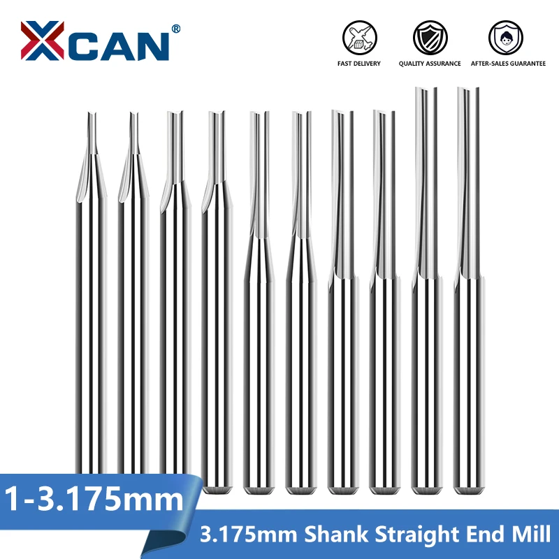 XCAN fraise à fente droite 3.175mm tige 1.0-3.175mm 2 cannelures CNC routeur Bit carbure fraise en bout CNC Machine outil de fraisage