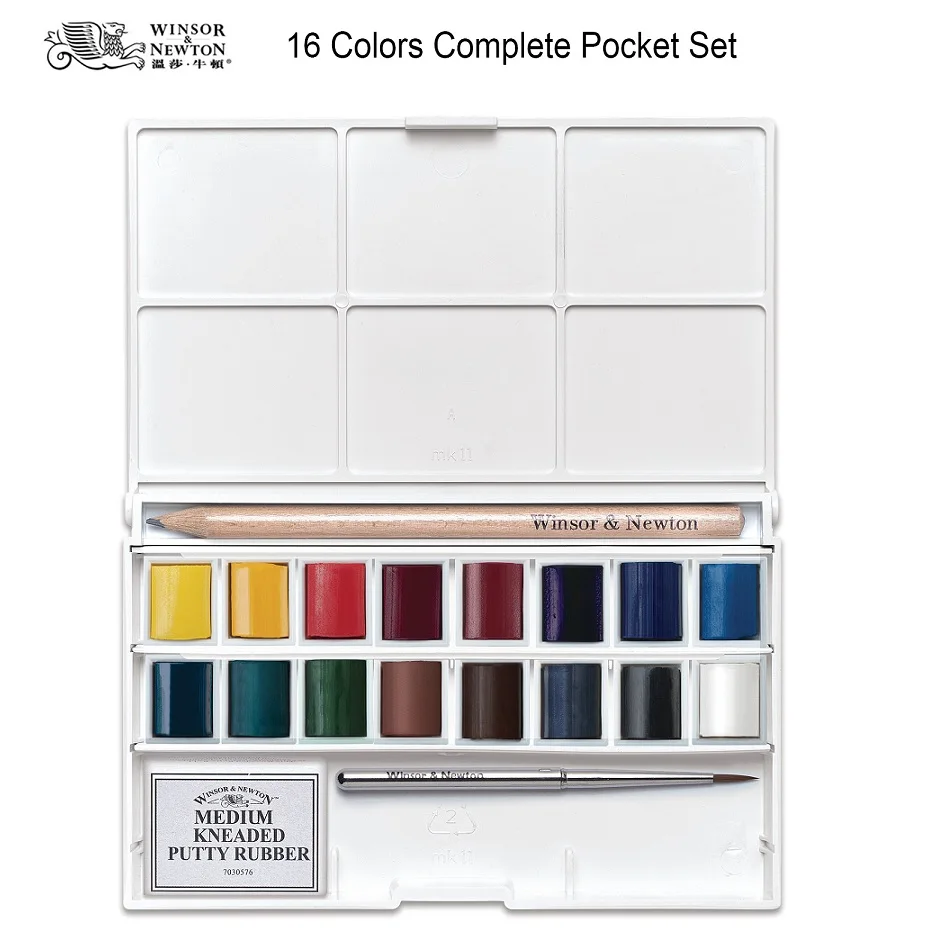 

Winsor&Newton cotman Solid WaterColor Pigment Advanced Set 16, полукастрюли и кисть, карандаш, ластик