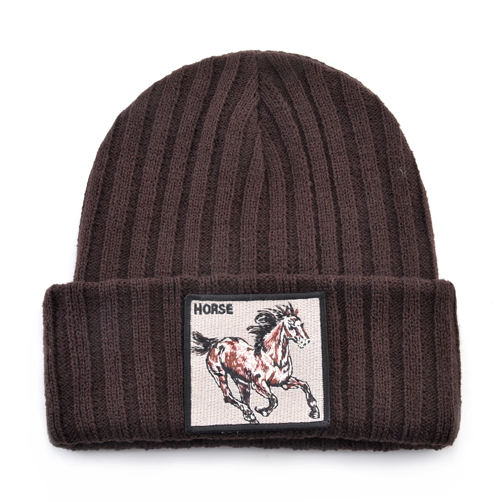 New Skullies Beanies With Horse Embroidery Patch Knitted Solid Color Hats For Men Women Outdoor Streetwear Bonnet Cap Boys Hat