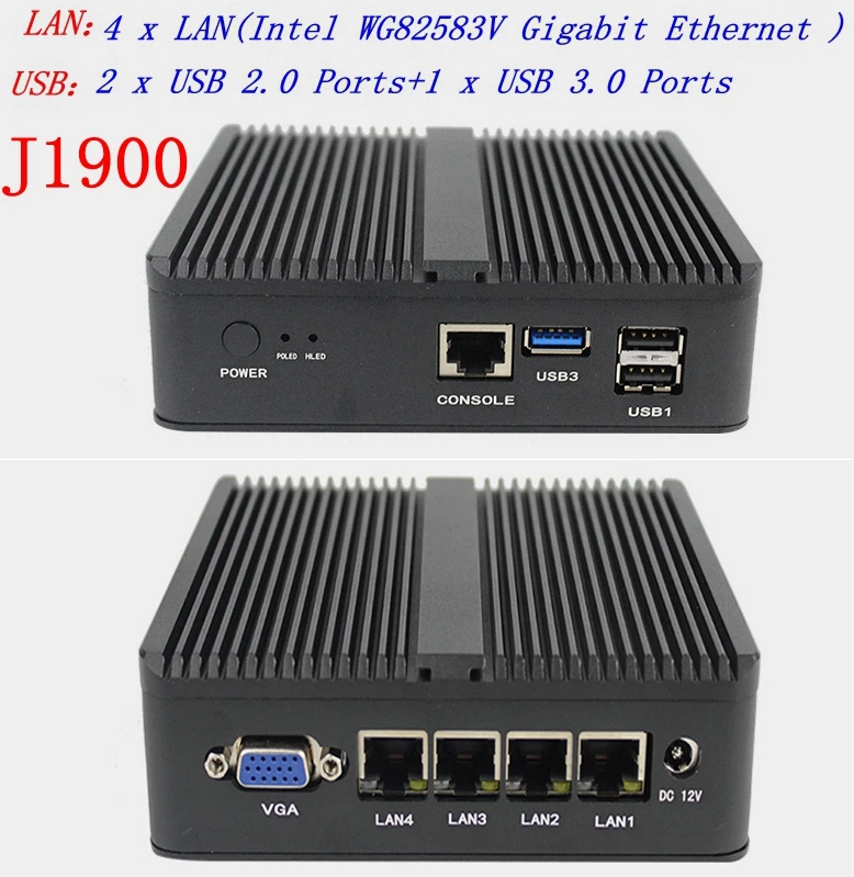 Firewall Mini PC bez wentylatora J1900 czterordzeniowy 2.0GHz 4 * Gigabit Lan Pfsense Router komputer zabezpieczający RJ45 COM 1 * HDMI 1 * VGA