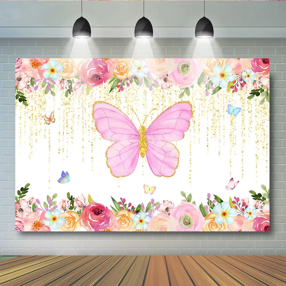 Butterfly Flower photography Party Birthday background for photocall Pink Girl Lady Curtain decoration Backdrop