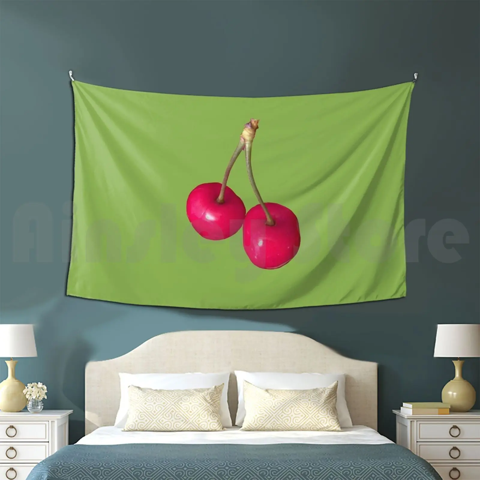 Cerises Sur Fond Greenery Tapestry Living Room Bedroom Ahelene Food Cooking Cerise Cherry Cherries Fruit Dessert