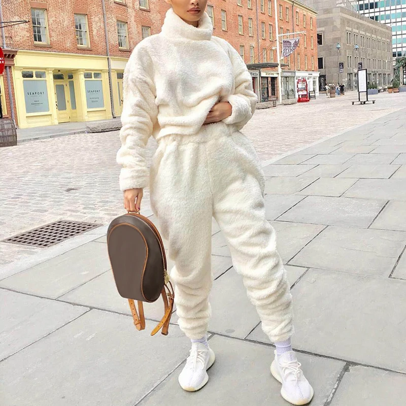 Fashion Autumn Winter Elegant 2 Piece Sets Women Outfits Solid Tracksuits Women Warm Cashmere Suit Casual Wear White Sweatpants