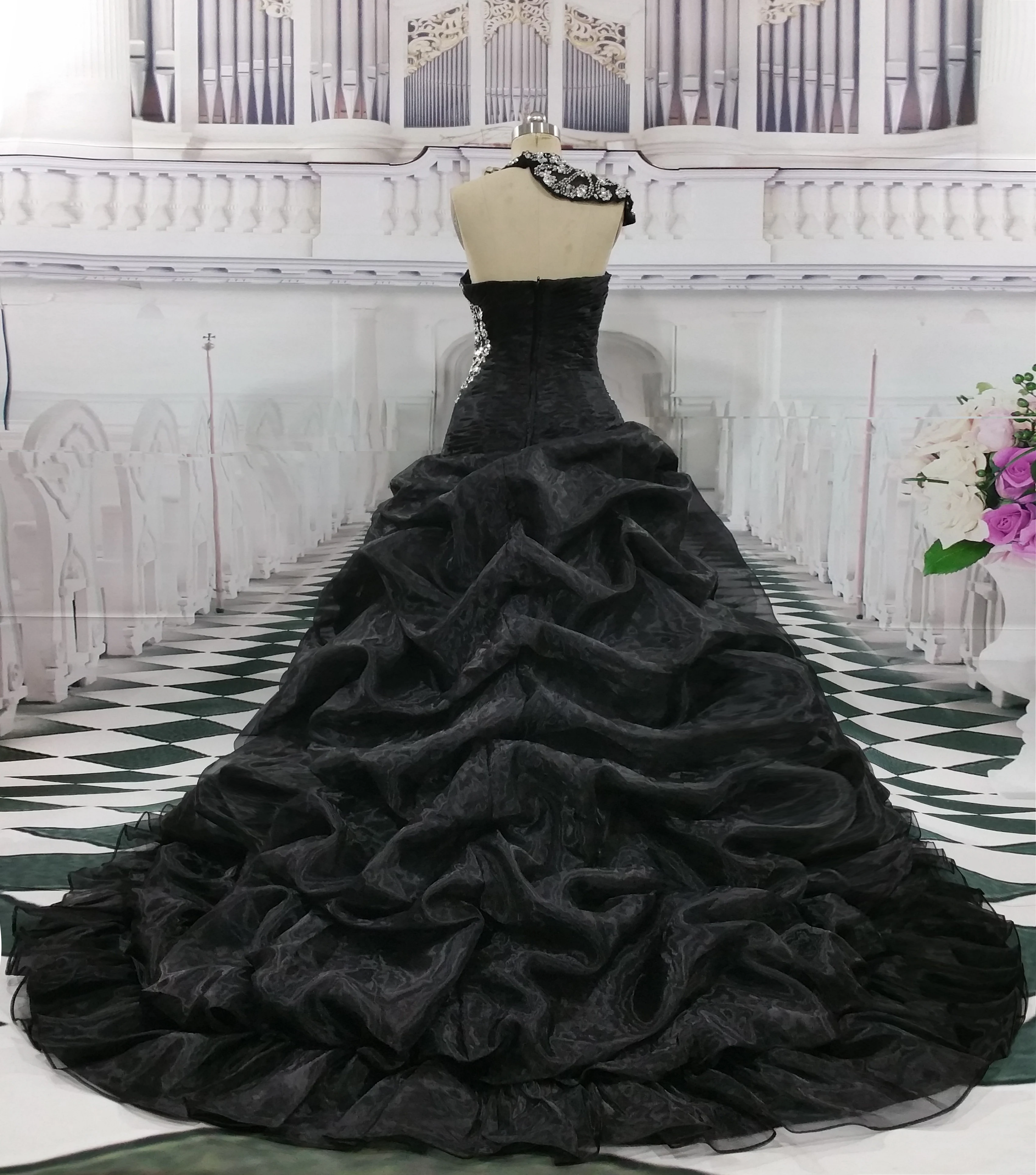 Robe de mariée noire en Organza à plis, cristaux, sur mesure