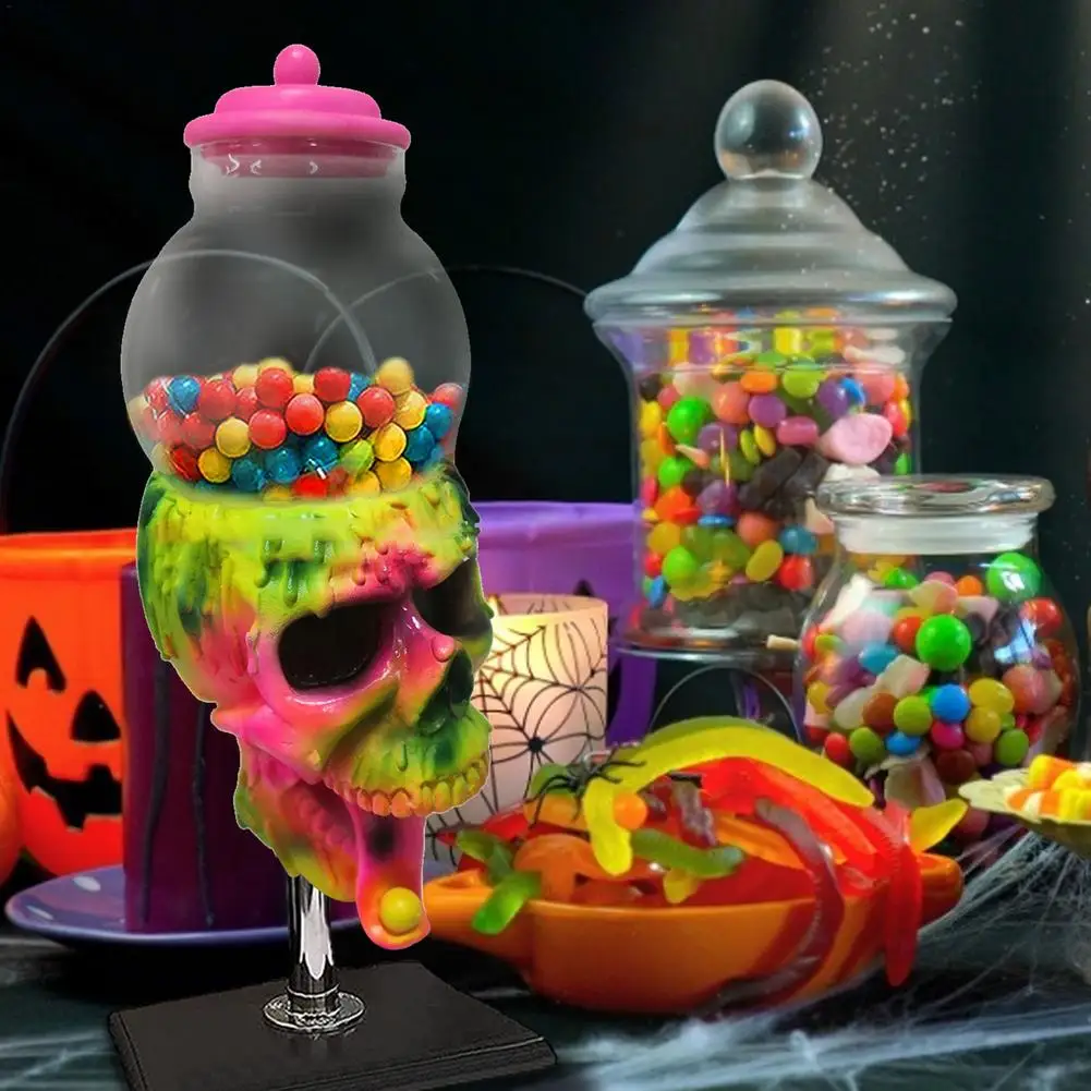 1PCS Halloween Transparent Candy Cans Jar With Cover Bubble Gum Machine Color Skull Candy Storage Tank Dessert Display Stand