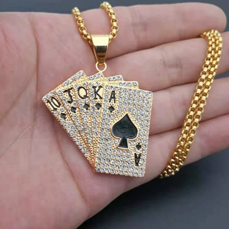 Hip-Hop Iced Out Spades Playing Card Necklace Men's Personalized Street Hip-Hop Rock Trend Jewelry Cool Luck Necklace