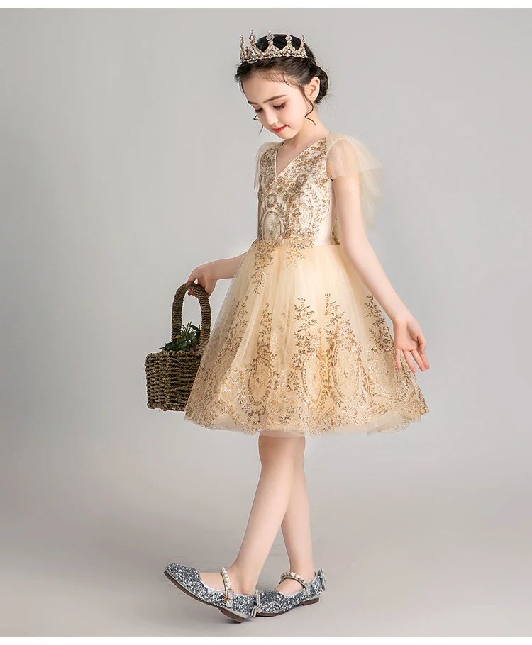 Golden Sequins Tulle Children\'s Princess  V-neck Wedding Dress Flower Girl Evening Dress Baby Girl  Pageant First Communion Gown