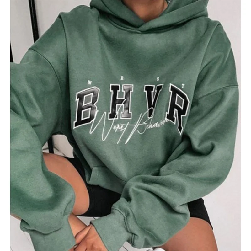 Green Vintage Letter Printing Hoodies Women Oversized Sweatshirt Loose Casual 2020Autumn New Fashion Girls Winter Tops Big Size