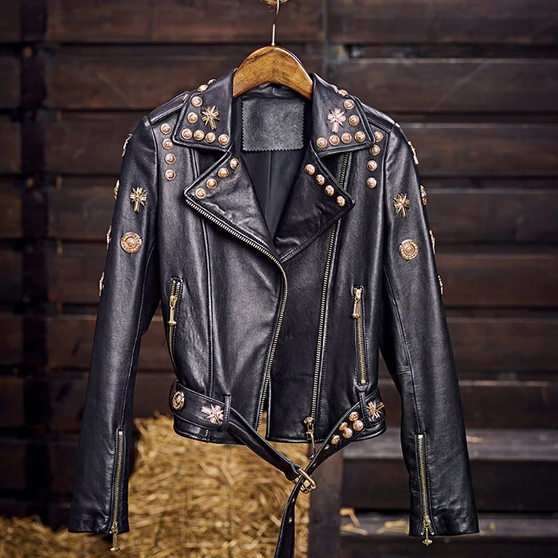 Luxury Brand Designer Rivet Gothic Punk Real Sheepskin Genuine Leather Jackets Slim Motorcycle Biker Ladies Coats Chaqueta Mujer