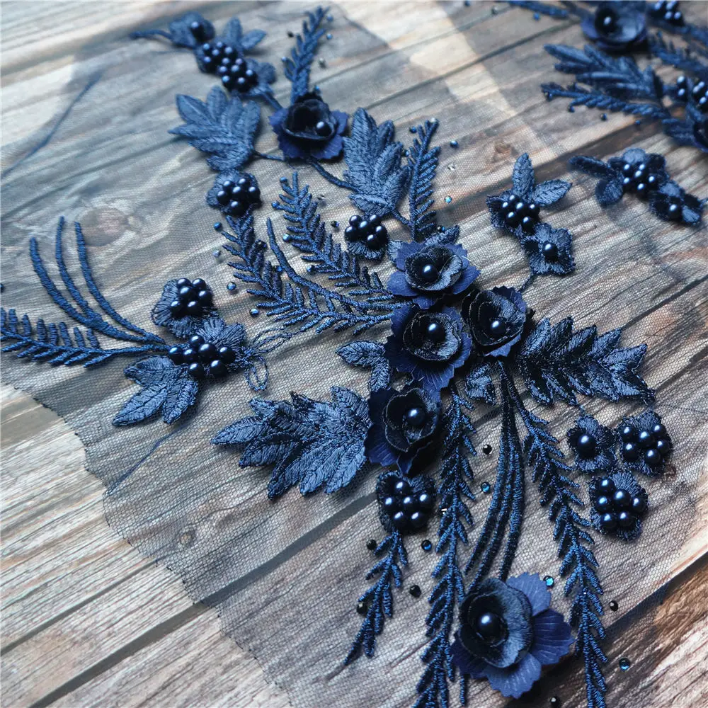 2PCS Navy Blue Lace Fabric 3D Flower Tassel Beads Rhinestone Embroidered Wedding Appliques Sew Patch For Dress DIY Decoration