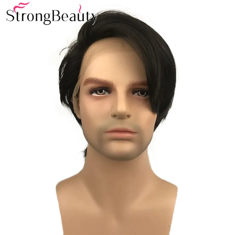 StrongBeauty Straight Men Lace Front Synthetic Wigs Medium Length Natural Wig Black Hair