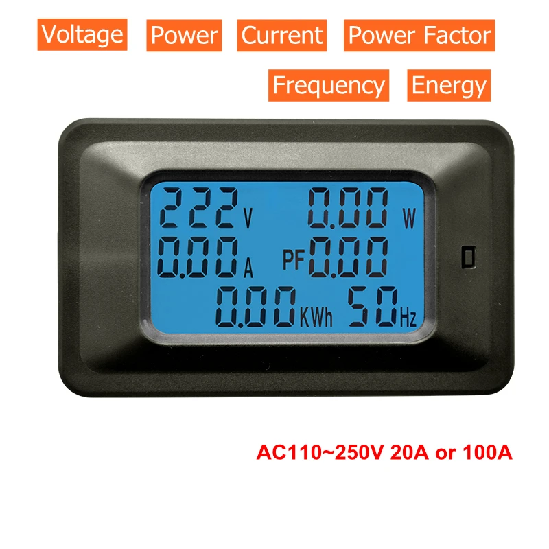 Digital Voltmeter Ammeter AC 110V 220V 20A/100A AC Current Voltage Meter Watt kWh Monitor Power Factor Frequency Energy Meter