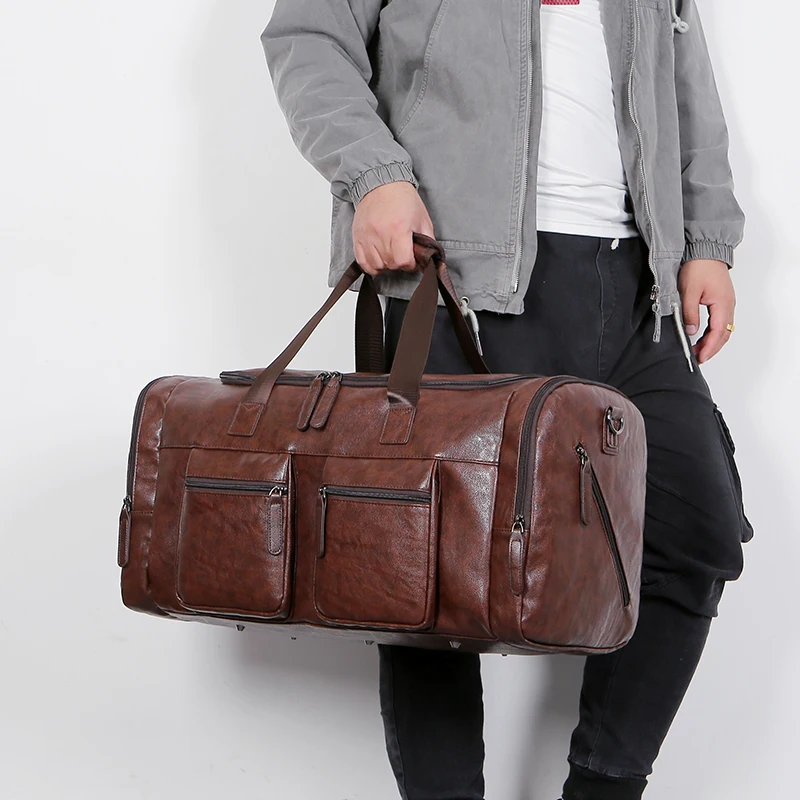 Vintage Leather Weekend Bag For Men Travel Bags Big Tote Hand Luggage Duffel Handbag Shoulder Bag Black maletas de viaje X244C