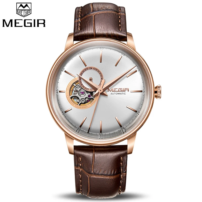 

Original MEGIR Automatic Mechanical Watches Men Luxury Skeleton Men Watch Clock Brown Leather Shell Dial Male Relogio Masculino