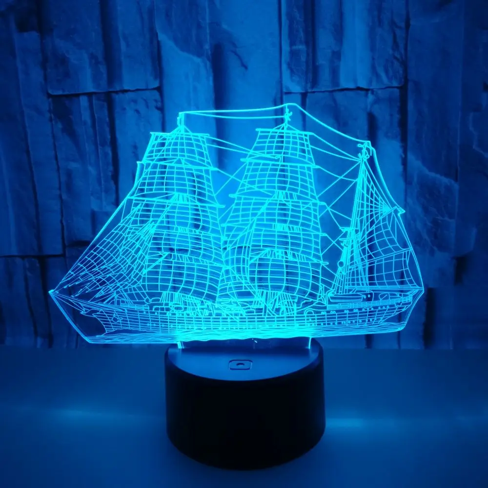 3D Retro Ancient Sailing Sea Boat Ship LED Lamp Chinese Style Multicolor Illusion RGB Night Light USB Table Desk Decor