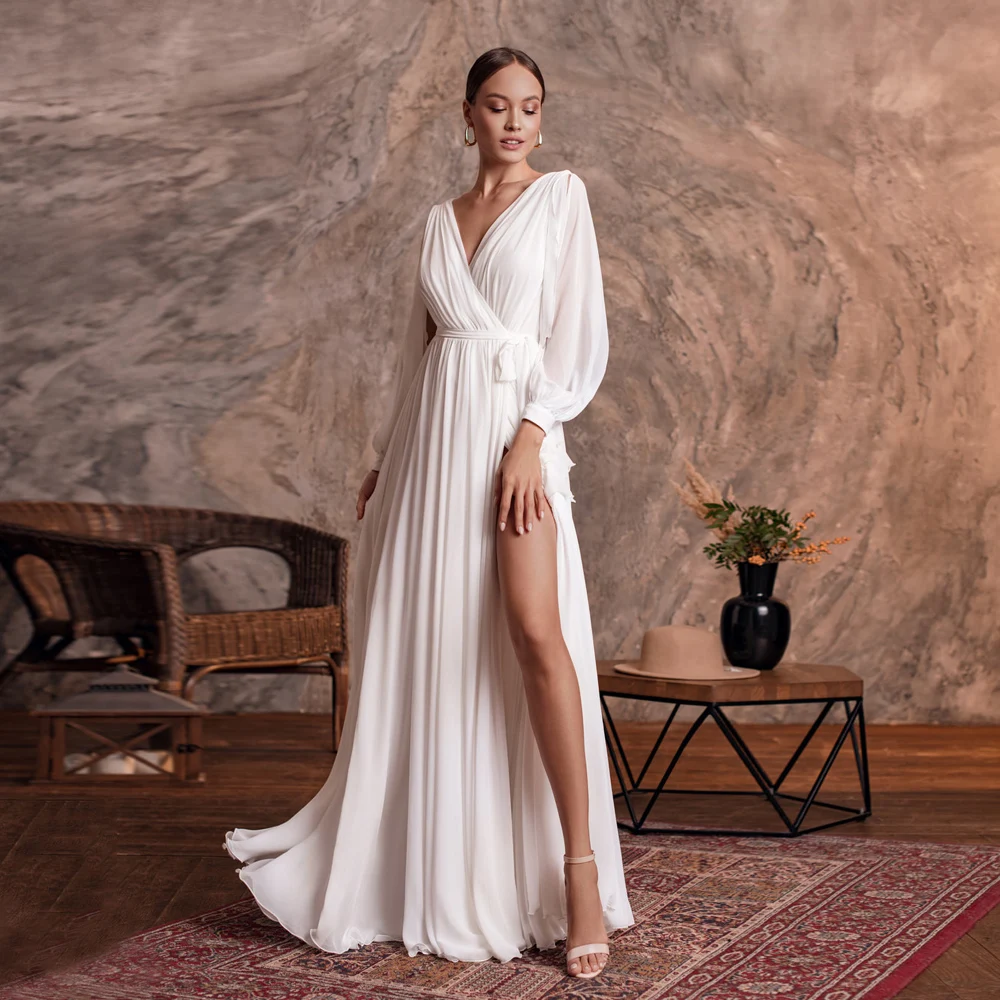 Simple Wedding Dress 2021 Sexy V Neck Long Sleeves Plain Chiffon A Line Beach Side Slit Bridal Gowns Vestidos De Noiva