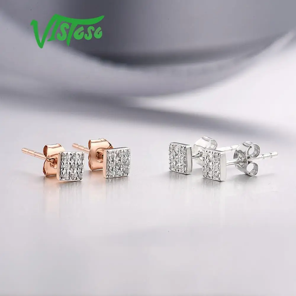 VISTOSO Gold Earrings For Women 14K 585 Rose White Gold Sparkling Diamond Dainty Round Cirle Stud Earrings Trendy Fine Jewelry