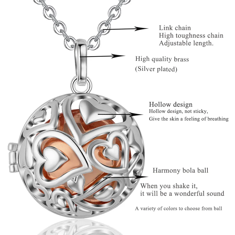 Eudora 20mm Harmony Ball Pendant Necklace Heart Round Locket Cage fit 20/18mm Musical Sound Chime Ball for Pregnant Women K292