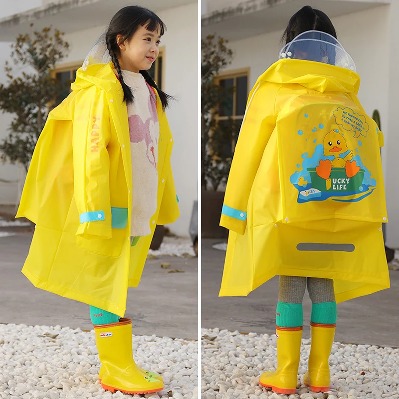 Children's raincoats, boys and girls, full-body waterproof, double brim with schoolbag seat, school poncho, primary school growt