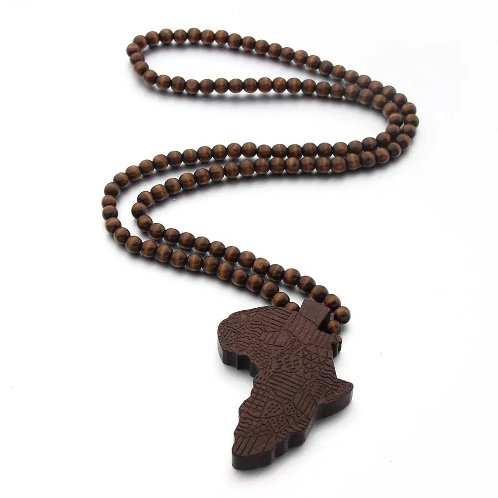 8MM Round Wood Beads Engraved DIY Chain African Map Pendant Necklace For Men Women New Jewelry Neckline Decorate Gift Accessory