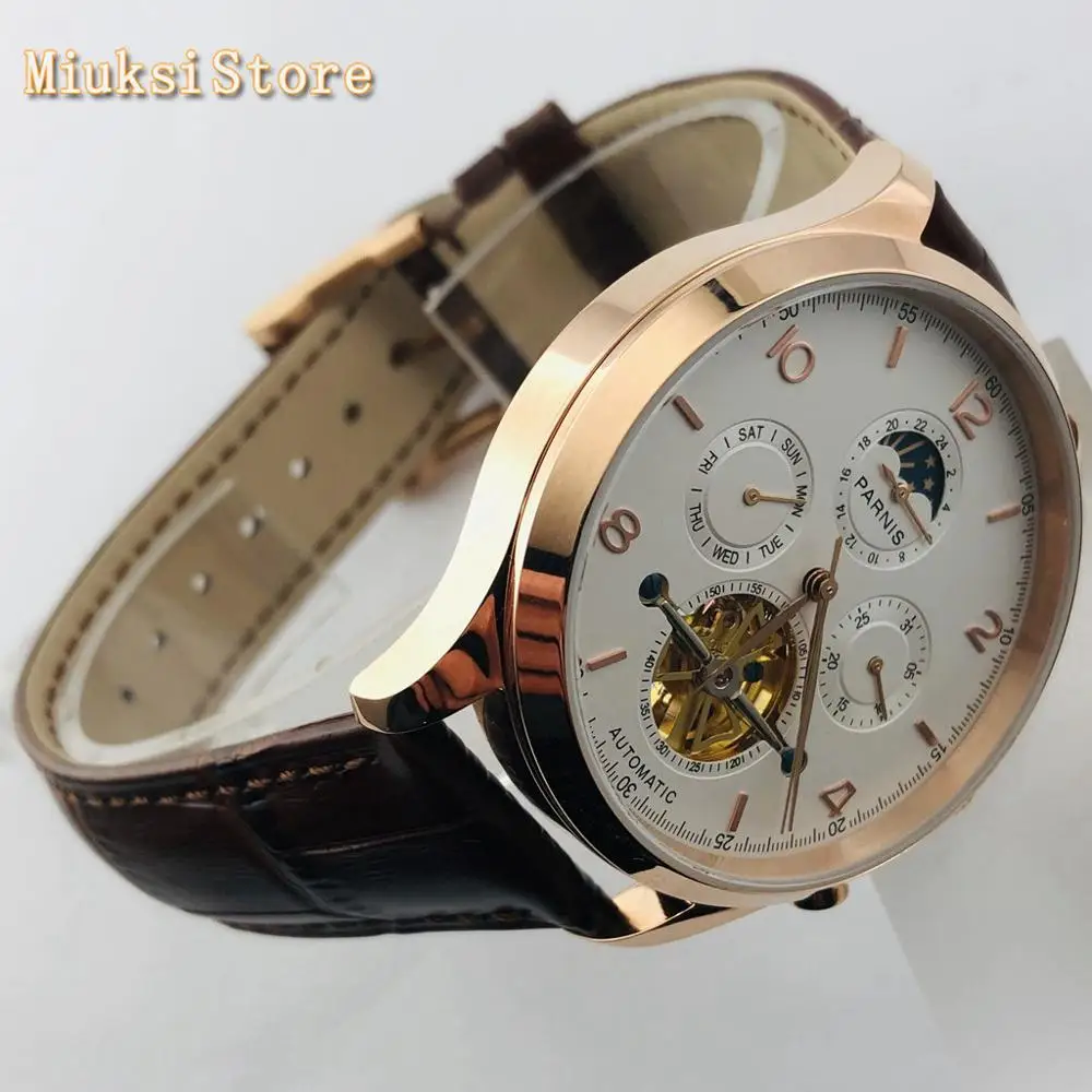 Parnis new 43mm rose gold case white dial date leather strap waterproof automatic mens top leisure flywheel mechanical watch