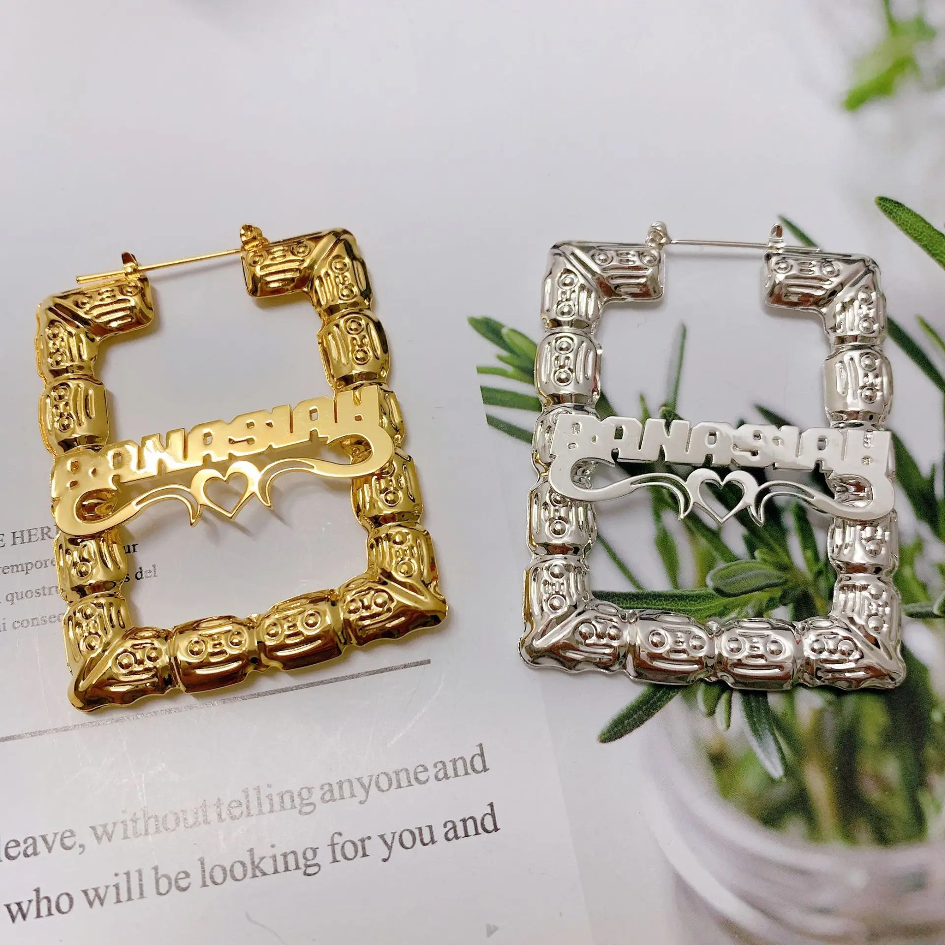 Hip Hop Popular Customize Name Letter Earrings Rectangular Circle Heart Large Earring Jewelry Stainless Steel Name Earrings