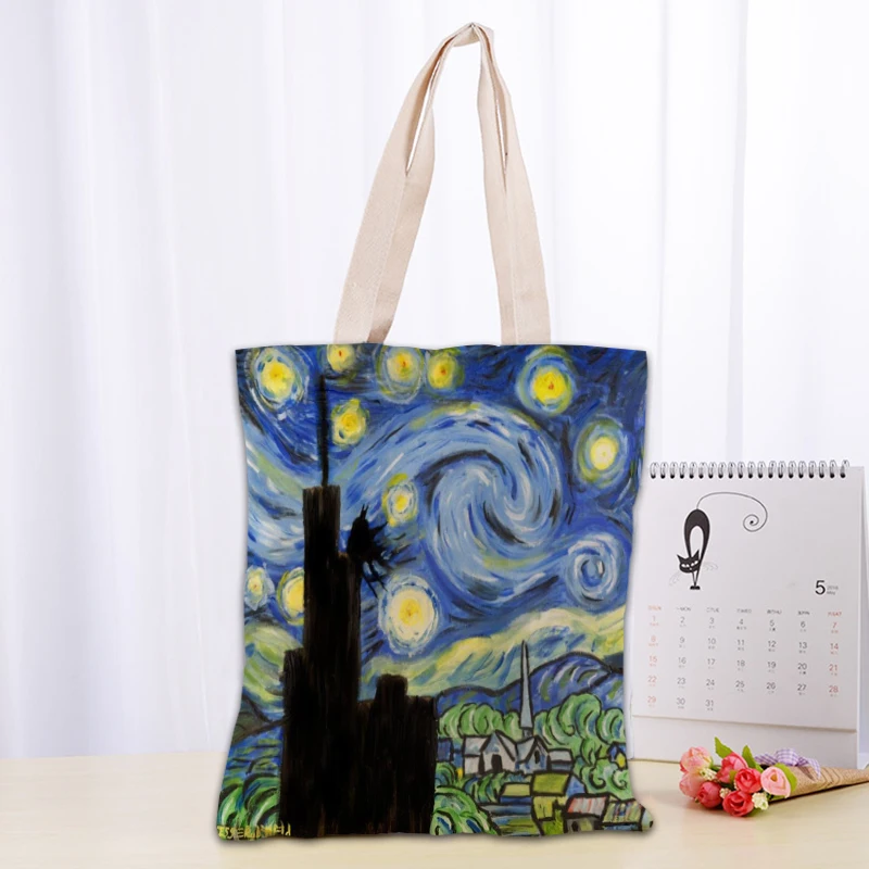 Van Gogh The Starry Night Tote Bag Canvas Fabric Bags Eco Reusable Shopping Bags Traveling Beach Casual Useful Shoulder Bag