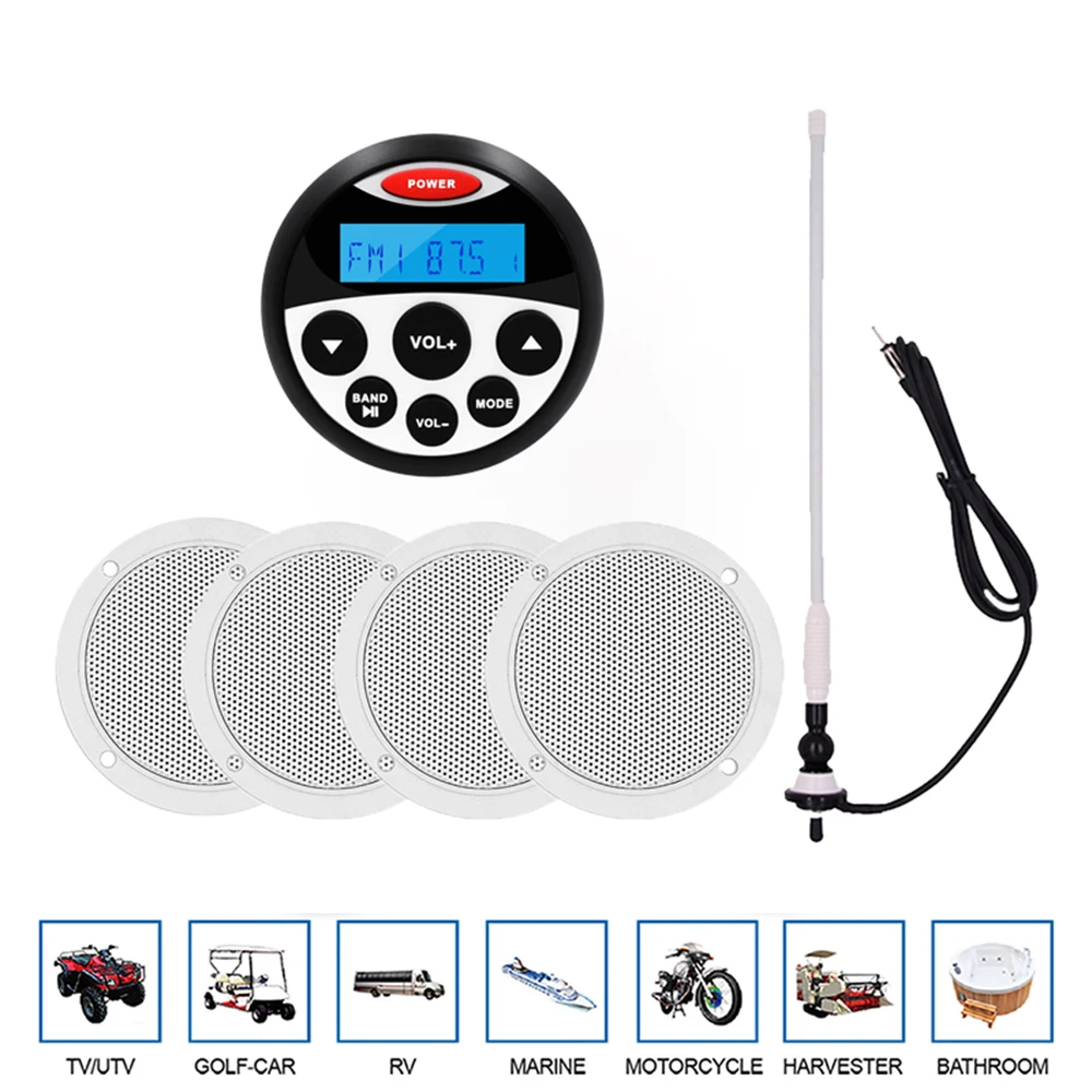 Marine Stereo Bluetooth Boat Radio Receiver+4 Speakers+FM Antenna Kit OR 4Pcs 4-inch Waterproof Speakers,2 Options Available