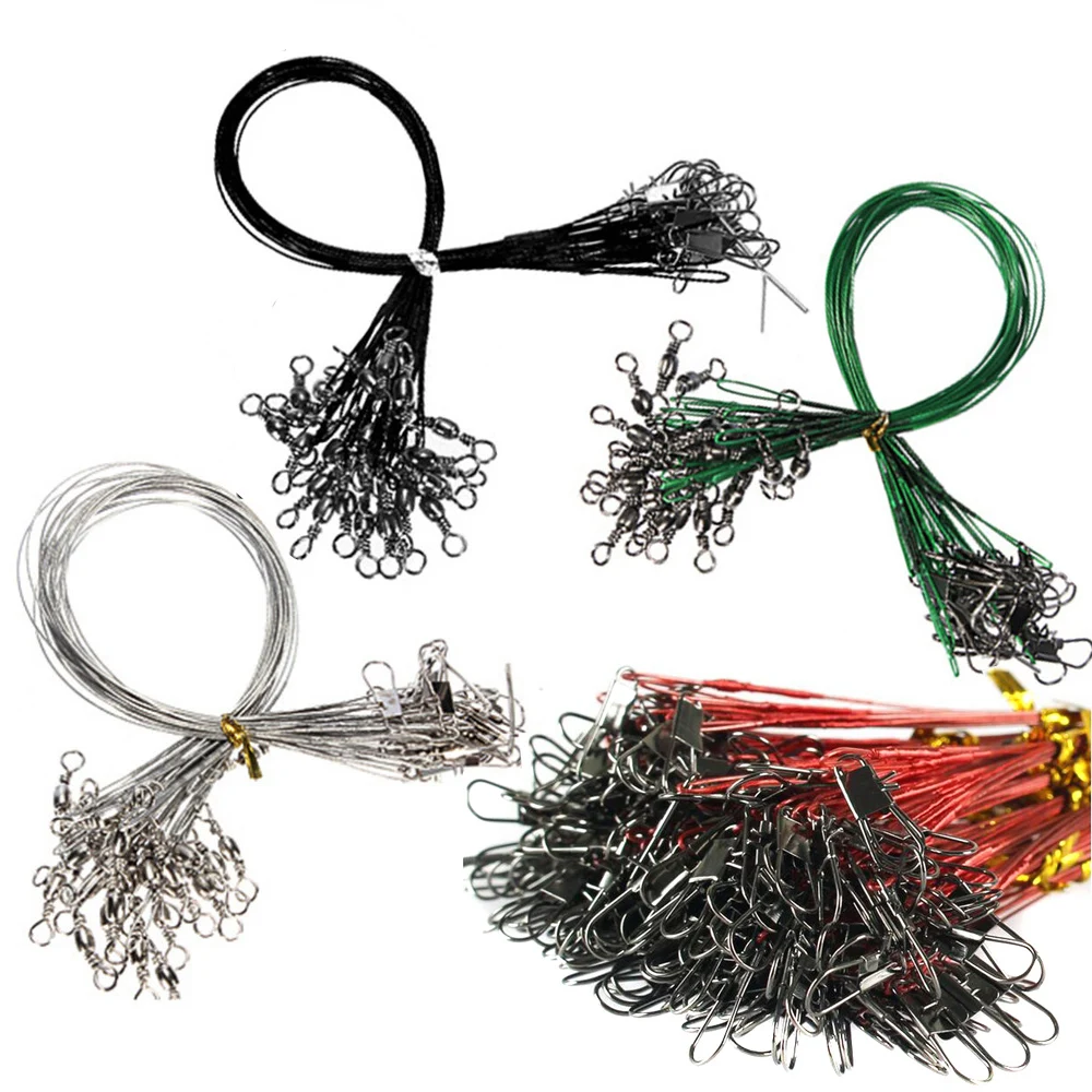 60 Pcs/lot Fishing Line Steel Wire Leader With Swivel Fishing Accessory Black Sliver Green Red Fishing Wire 15cm 20cm 25cm