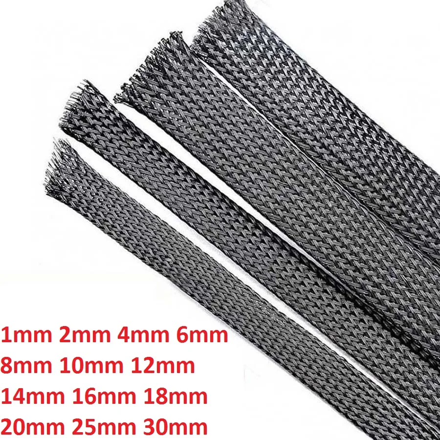 

1mm 2mm 4mm 6mm 8mm 10mm 12mm 14mm 16mm 18/20/25mm 30mm Black Braided Cable Sleeving Expandable Wire Harness Auto Sheathing PET