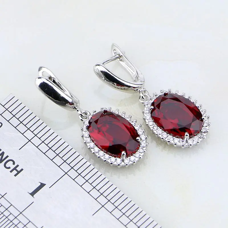 925 Silver Jewelry Round Red Garnet Zircon White CZ Jewelry Sets For Women Wedding Earring/Pendant/Necklace/Ring 3PCS