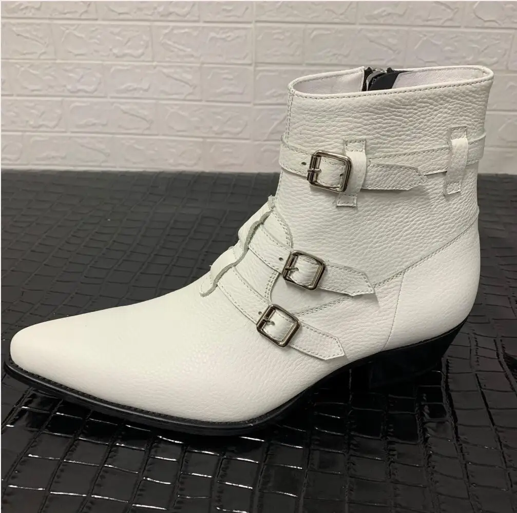 Fashion vintage style mujer botas white leather boots buckle strap ankle booties male party shoes real leather men boots