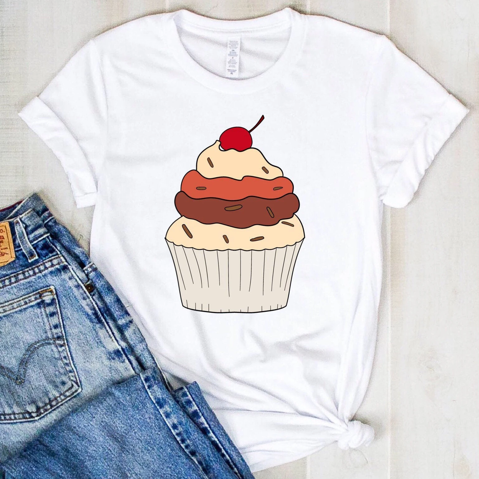 Harajuku ผู้หญิงเสื้อยืดลำลองสุภาพสตรี Basic O-คอแขนสั้นผู้หญิง Cupcake พิมพ์เสื้อยืดผู้หญิง,Drop Ship