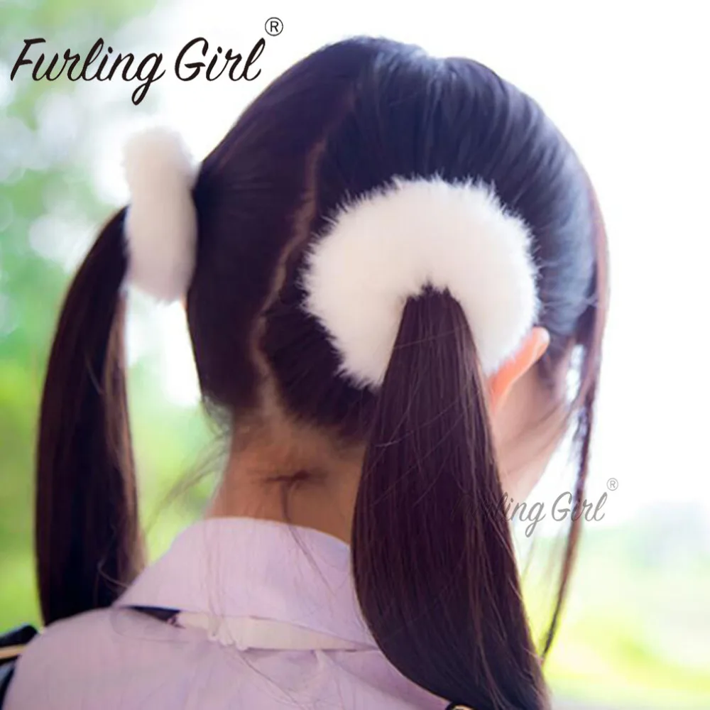 Pack of 2 Fluffy Faux Fur Furry Scrunchies Soft Hand Made Fur Elastic Hair Bands Ring for Ladies Hair Ties