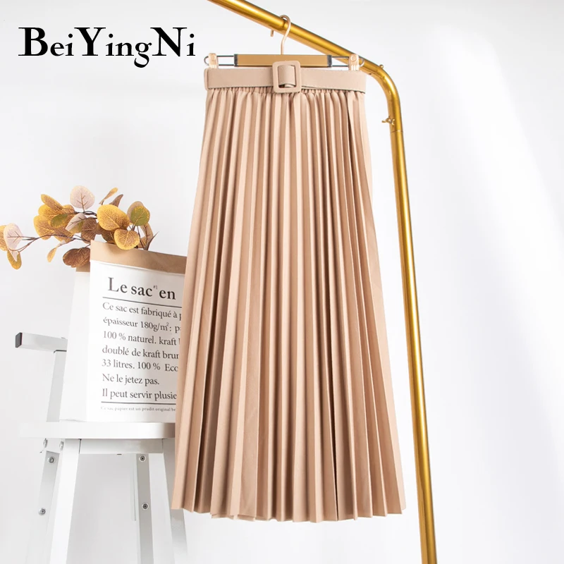 Beiyingni gonna donna a vita alta Casual Vintage Solid Belted gonne Midi pieghettate Lady 11 colori moda semplice Saia Mujer Faldas