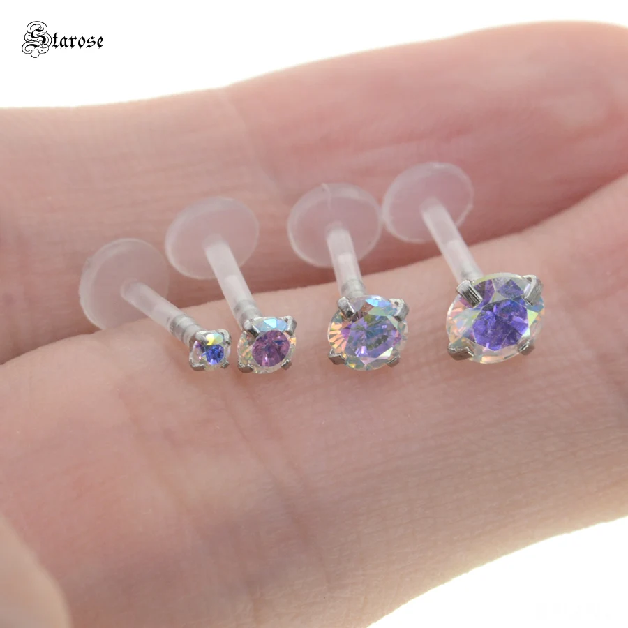 Starose 2Pcs 1.2x6/8mm Acrylic Nose Piercing Labret Stud Nose Rings Zircon Lip Piercing Jewel Ear Piercing Helix Tragus Earrings