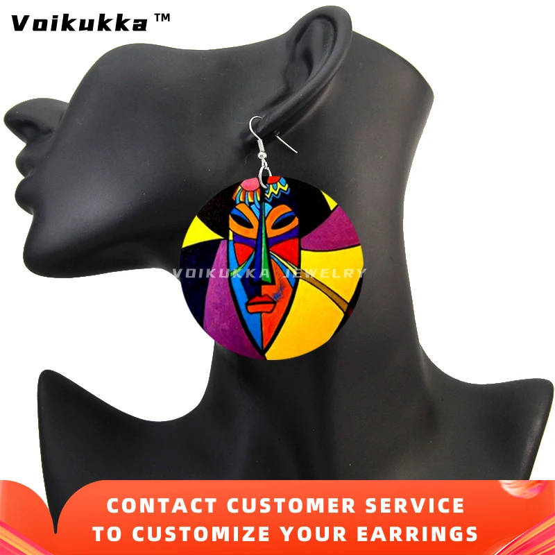 Voikukka Jewelry 2021 Hot Sale Painted Masks Both Sides Print On The Natural Wood Fashion African Round Pendant Women Earrings