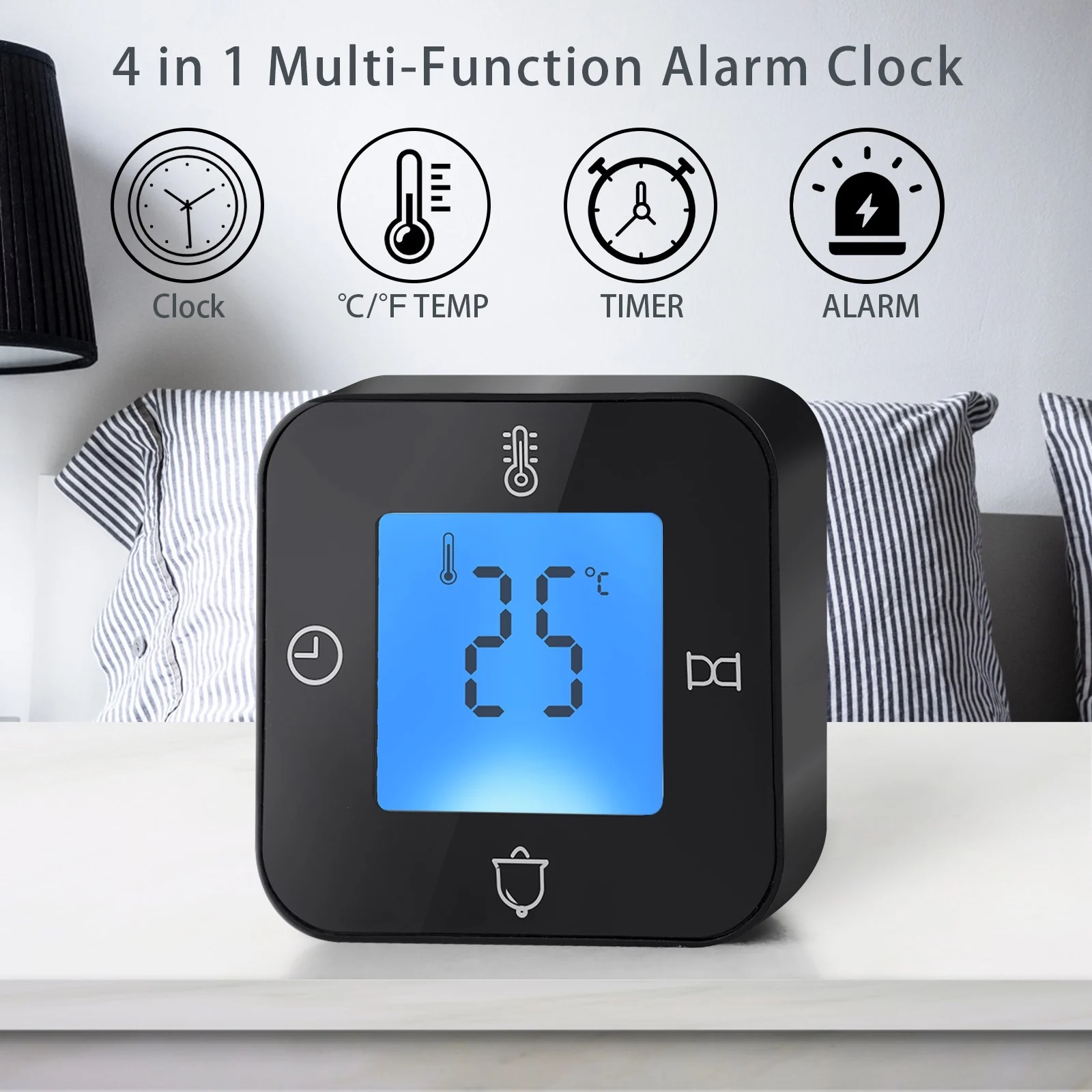 FABISENSE Alarm Clock with Snooze Calendar Thermometer Timer Backlight Rotatable Square Multifunctional Wake Up 12/24h White