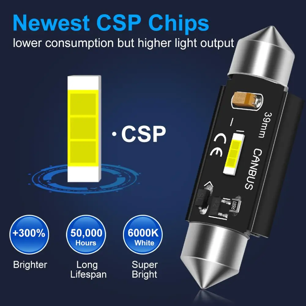 1pcs CSP Chips Canbus C5W C10W Led Bulb 31mm 36mm 39mm 41mm Car Festoon Light Interior Dome Reading Lights 6000K Pure White