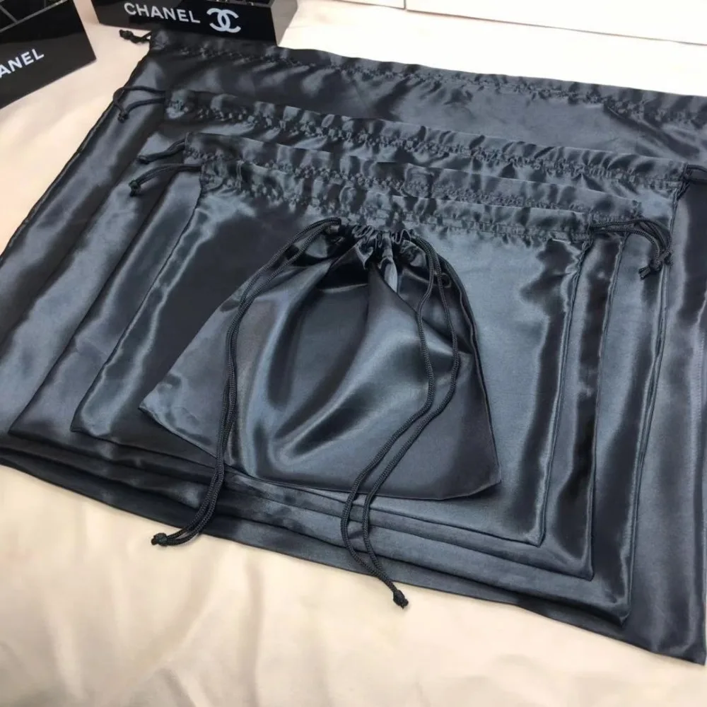 Large Silk Satin Drawstring Care Bag Custom Wigs Storage Dust Proof Packaging Pouch Black Reusable Sack Handbag Shoes Travel Bag