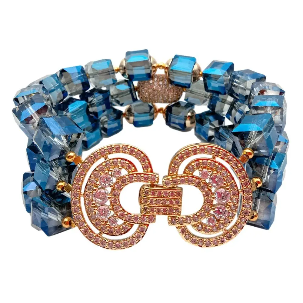 Y·YING 3 Strands Cube Shape Blue Crystal Cubic Zirconia Pave Bead Bracelet 8.5