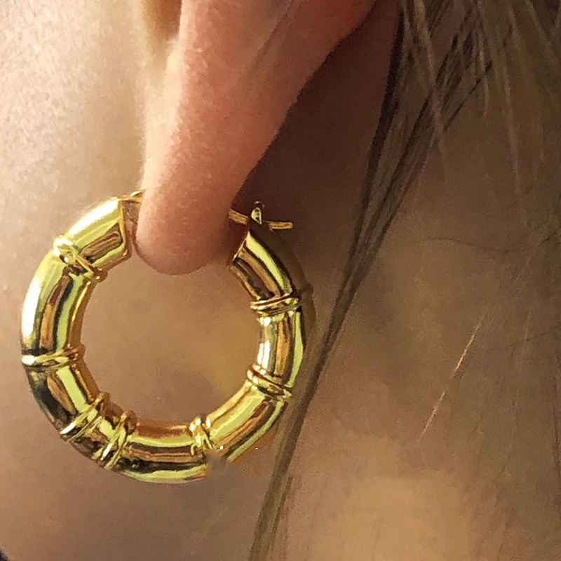 Bamboo thick chunky gold hoop earrings for women fashion trendy earrings