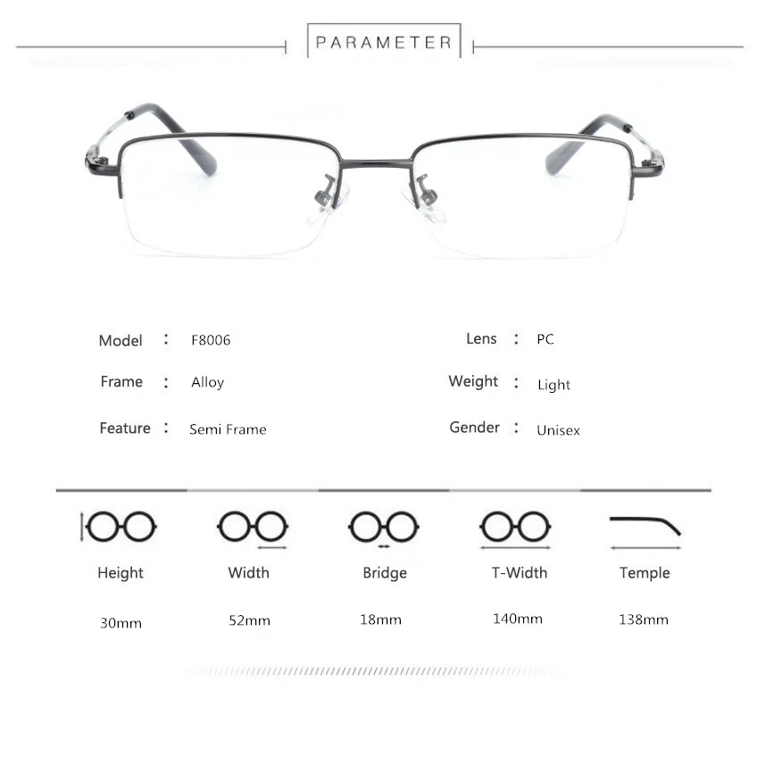 Square Titanium Alloy Men's Semi frame Prescription Frames, Male Metal Myopia, Hyperopia, Presbyopia Optical Glasses Frame F8006