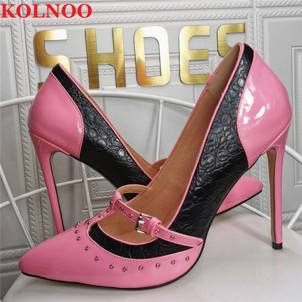 

KOLNOO Handmade Real Photos Ladies Stiletto High Heeled Pumps T-Strap Patchwork Fisheyes Deco Party Prom Fashion Court Shoes