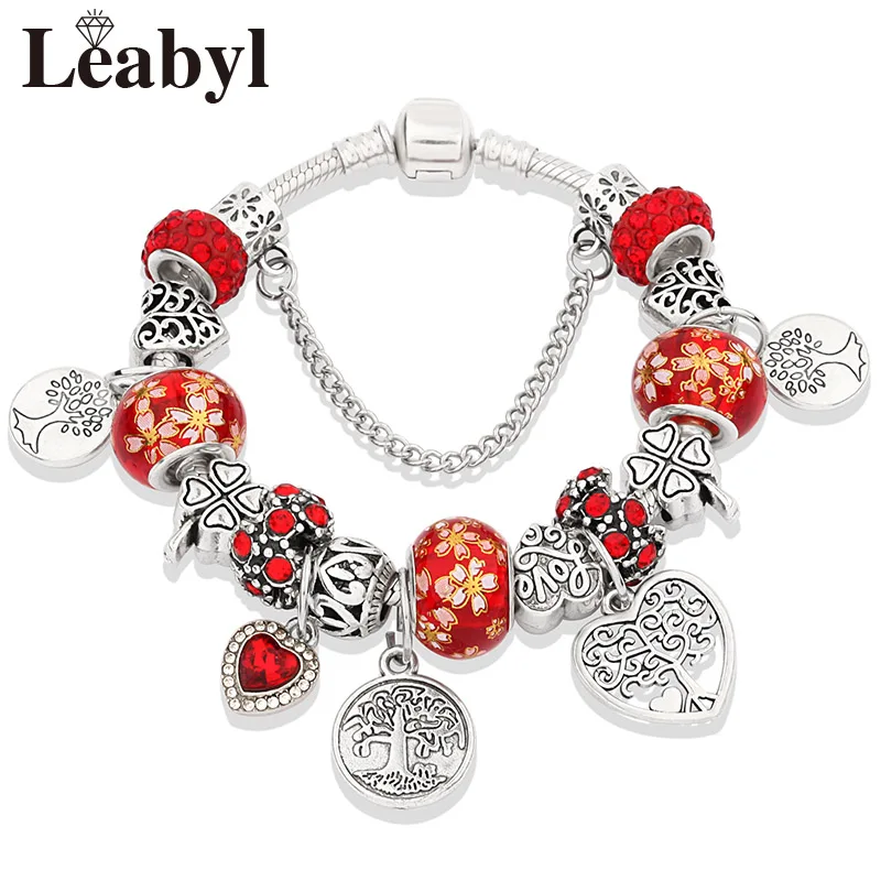 Dropshipping NEW Red Leaf Flower Handmade Charm Bracelet with Heart Vintage DIY Plant Bead Bracelet Jewelry for Women