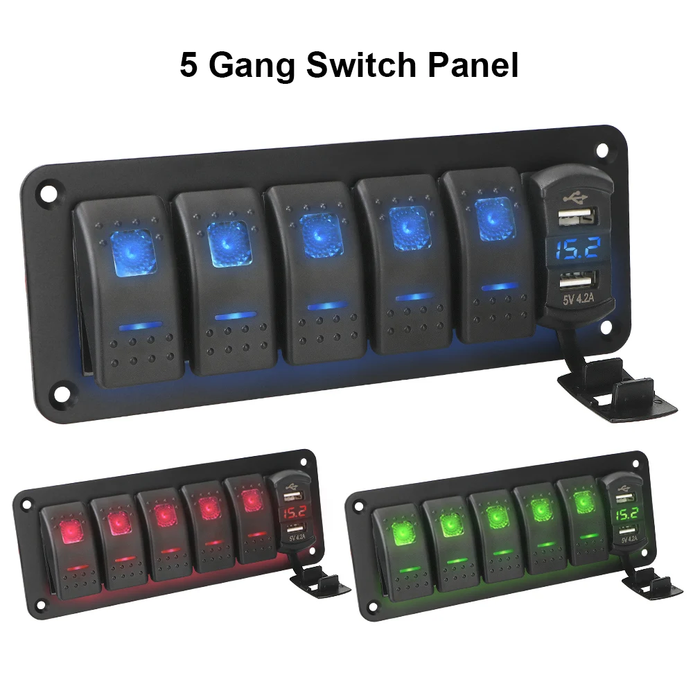 

5 Gang Rocker Switch Panel Dual USB Port Digital Voltage Display 4.2A Outlet Combination