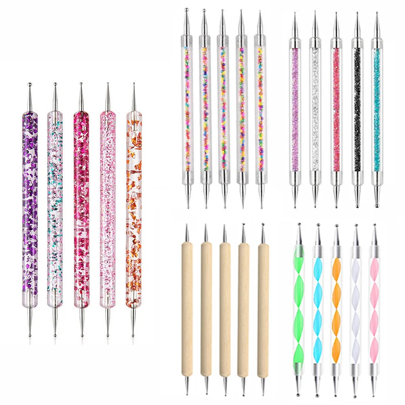 5Pc wzór stras podwójny koniec tipsy akrylowe Art Carving rozsianych Pen Tip Liner malowanie pędzel żel UV polski narzędzie do Manicure