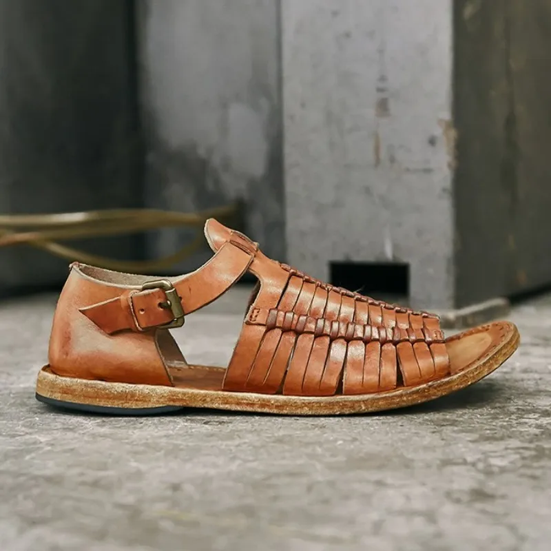 Handmade Weave Vintage Rome Sandals Men Luxury Genuine Leather Cowhide Sandals Summer Open Toe Buckle Flat Shoes