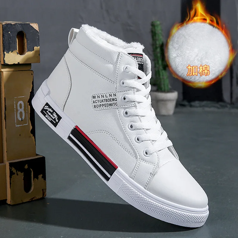 Zapatos de cuero vulcanizado para hombre, Zapatillas altas de piel blanca para jóvenes, botas de felpa de invierno, zapatos deportivos para hombre,