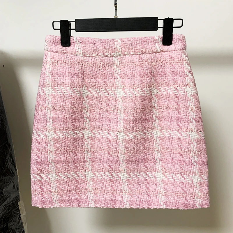 HIGH STREET Newest Fashion 2024 Designer Pink Skirts Women's Sweet Wool Blends Colors Woven Plaid Tweed Skirt